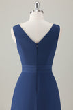 Dark Blue A Line Ruched Corset Chiffon Long Bridesmaid Dress with Ruffle Slit