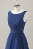 Dark Blue A Line Ruched Corset Chiffon Long Bridesmaid Dress with Ruffle Slit