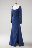 Dark Blue Mermaid Square Neck Pleated Long Sleeves Corset Chiffon Bridesmaid Dress with Slit