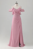 Pink A Line Cold Shoulder Ruched Long Bridesmaid Dress with Slit