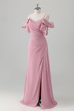 Pink A Line Cold Shoulder Ruched Long Bridesmaid Dress with Slit