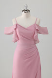 Pink A Line Cold Shoulder Ruched Long Bridesmaid Dress with Slit