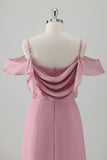 Pink A Line Cold Shoulder Ruched Long Bridesmaid Dress with Slit