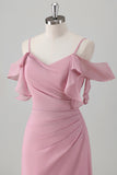 Pink A Line Cold Shoulder Ruched Long Bridesmaid Dress with Slit