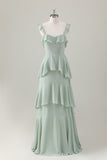 Light Green A-Line Square Neck Chiffon Tiered Long Bridesmaid Dress