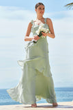 Light Green Chiffon A-Line Square Neck Tiered Long Bridesmaid Dress