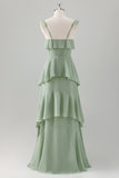 Light Green A-Line Square Neck Chiffon Tiered Long Bridesmaid Dress