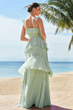 Light Green Chiffon A-Line Square Neck Tiered Long Bridesmaid Dress