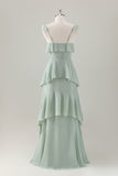 Light Green A-Line Square Neck Chiffon Tiered Long Bridesmaid Dress