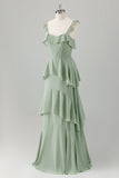 Light Green A-Line Square Neck Chiffon Tiered Long Bridesmaid Dress