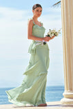 Light Green Chiffon A-Line Square Neck Tiered Long Bridesmaid Dress