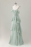 Light Green A-Line Square Neck Chiffon Tiered Long Bridesmaid Dress