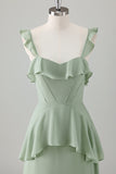 Light Green A-Line Square Neck Chiffon Tiered Long Bridesmaid Dress