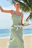 Light Green Chiffon A-Line Square Neck Tiered Long Bridesmaid Dress