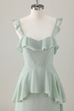 Light Green A-Line Square Neck Chiffon Tiered Long Bridesmaid Dress