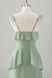 Light Green A-Line Square Neck Chiffon Tiered Long Bridesmaid Dress