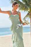 Light Green Chiffon A-Line Square Neck Tiered Long Bridesmaid Dress