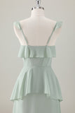 Light Green A-Line Square Neck Chiffon Tiered Long Bridesmaid Dress