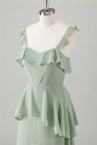 Light Green A-Line Square Neck Chiffon Tiered Long Bridesmaid Dress