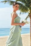 Light Green Chiffon A-Line Square Neck Tiered Long Bridesmaid Dress