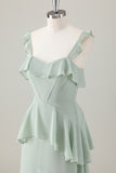 Light Green A-Line Square Neck Chiffon Tiered Long Bridesmaid Dress