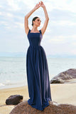 Dark Blue A-Line Square Neck Corset Lace Up Back Chiffon Long Bridesmaid Dress