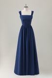 Dark Blue A Line Square Neck Corset Chiffon Long Bridesmaid Dress with Lace Up Back