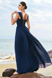 Dark Blue A-Line Square Neck Corset Lace Up Back Chiffon Long Bridesmaid Dress