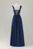 Dark Blue A Line Square Neck Corset Chiffon Long Bridesmaid Dress with Lace Up Back