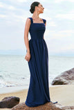 Dark Blue A-Line Square Neck Corset Lace Up Back Chiffon Long Bridesmaid Dress