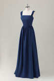 Dark Blue A Line Square Neck Corset Chiffon Long Bridesmaid Dress with Lace Up Back