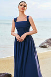 Dark Blue A-Line Square Neck Corset Lace Up Back Chiffon Long Bridesmaid Dress