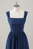 Dark Blue A Line Square Neck Corset Chiffon Long Bridesmaid Dress with Lace Up Back