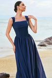 Dark Blue A-Line Square Neck Corset Lace Up Back Chiffon Long Bridesmaid Dress