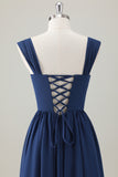 Dark Blue A Line Square Neck Corset Chiffon Long Bridesmaid Dress with Lace Up Back