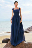 Dark Blue A-Line Square Neck Corset Lace Up Back Chiffon Long Bridesmaid Dress