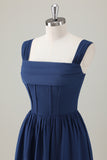 Dark Blue A Line Square Neck Corset Chiffon Long Bridesmaid Dress with Lace Up Back