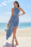 Grey Blue A-Line Halter Lace Up Back Pleated Long Bridesmaid Dress with Slit