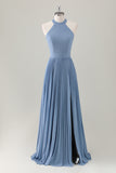 Grey Blue A Line Halter Pleated Lace Up Back Long Bridesmaid Dress with Slit