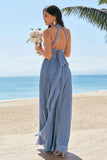 Grey Blue A-Line Halter Lace Up Back Pleated Long Bridesmaid Dress with Slit