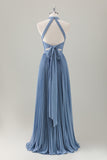 Grey Blue A Line Halter Pleated Lace Up Back Long Bridesmaid Dress with Slit