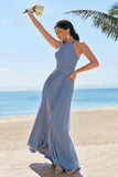 Grey Blue A-Line Halter Lace Up Back Pleated Long Bridesmaid Dress with Slit