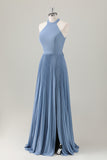 Grey Blue A Line Halter Pleated Lace Up Back Long Bridesmaid Dress with Slit