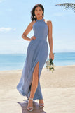 Grey Blue A-Line Halter Lace Up Back Pleated Long Bridesmaid Dress with Slit