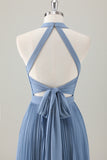 Grey Blue A Line Halter Pleated Lace Up Back Long Bridesmaid Dress with Slit