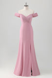 Pink Sheath Off The Shoulder Ruched Floor Length Bridesmaid Dress with Slit