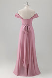 Pink Sheath Off The Shoulder Ruched Floor Length Bridesmaid Dress with Slit