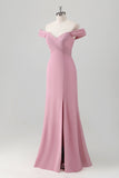 Pink Sheath Off The Shoulder Ruched Floor Length Bridesmaid Dress with Slit