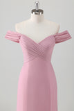 Pink Sheath Off The Shoulder Ruched Floor Length Bridesmaid Dress with Slit