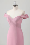 Pink Sheath Off The Shoulder Ruched Floor Length Bridesmaid Dress with Slit